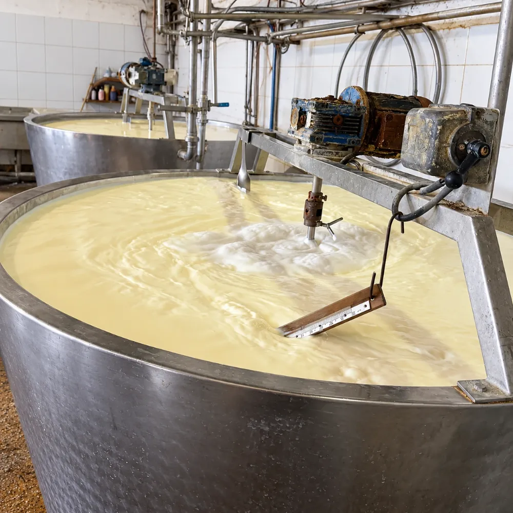 Cuba de acero inoxidable con leche en elaboración