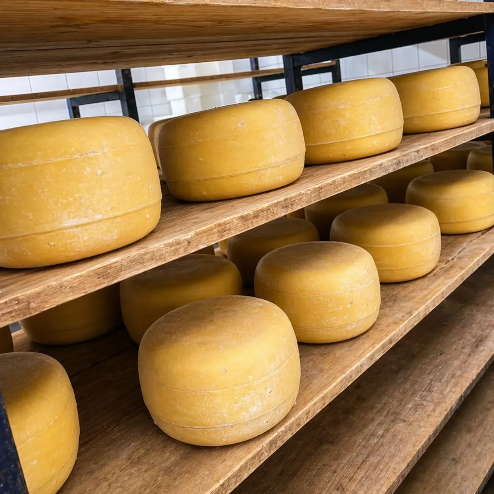 Quesos sobre estantes de madera durante la maduración