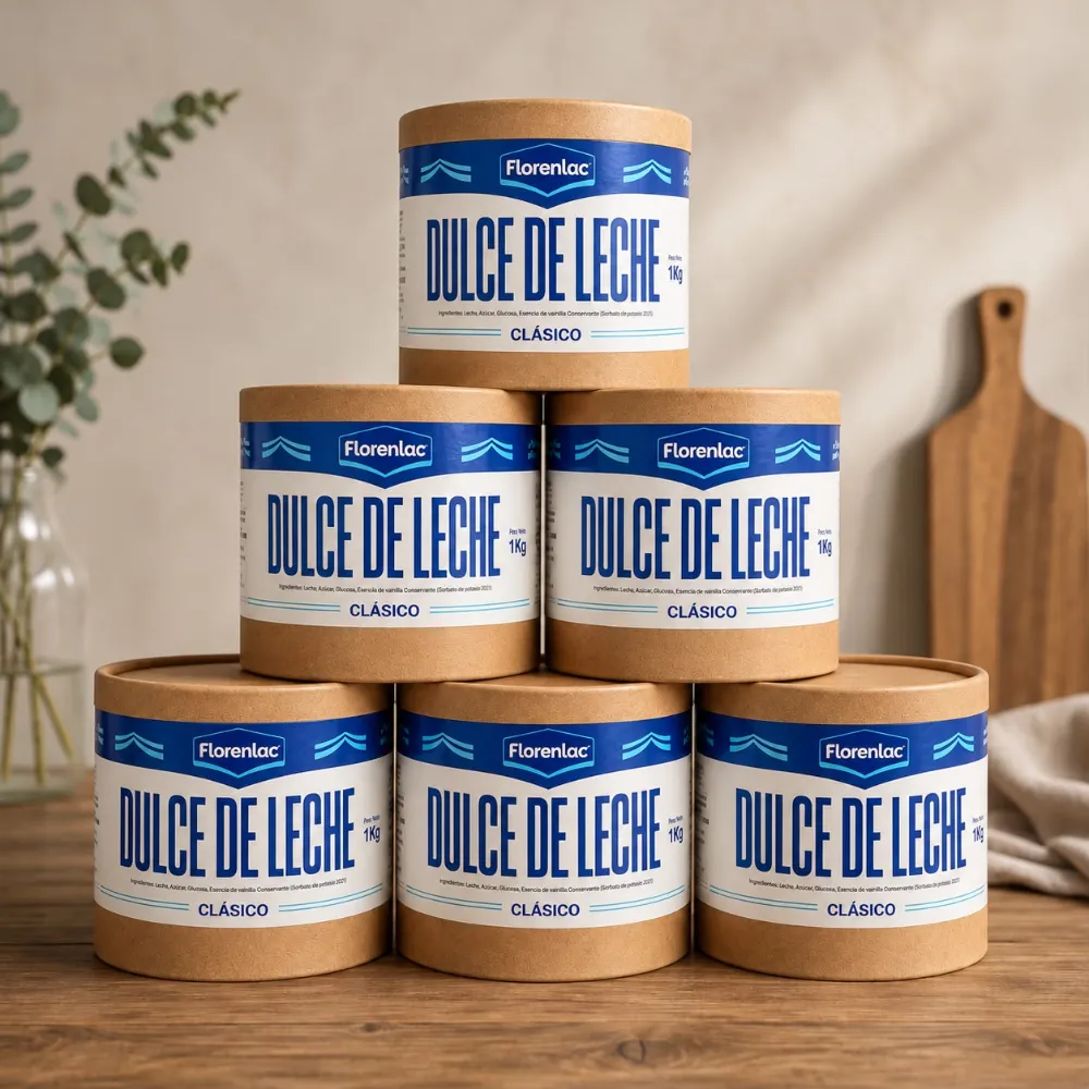 Pila de potes de cartón de dulce de leche clásico Florenlac
