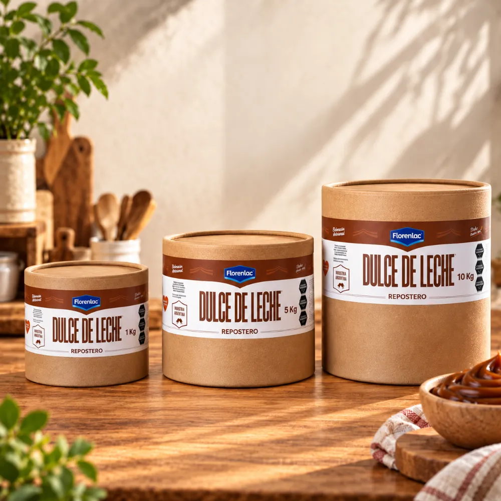Tres potes de cartón de dulce de leche repostero Florenlac de distintos tamaños