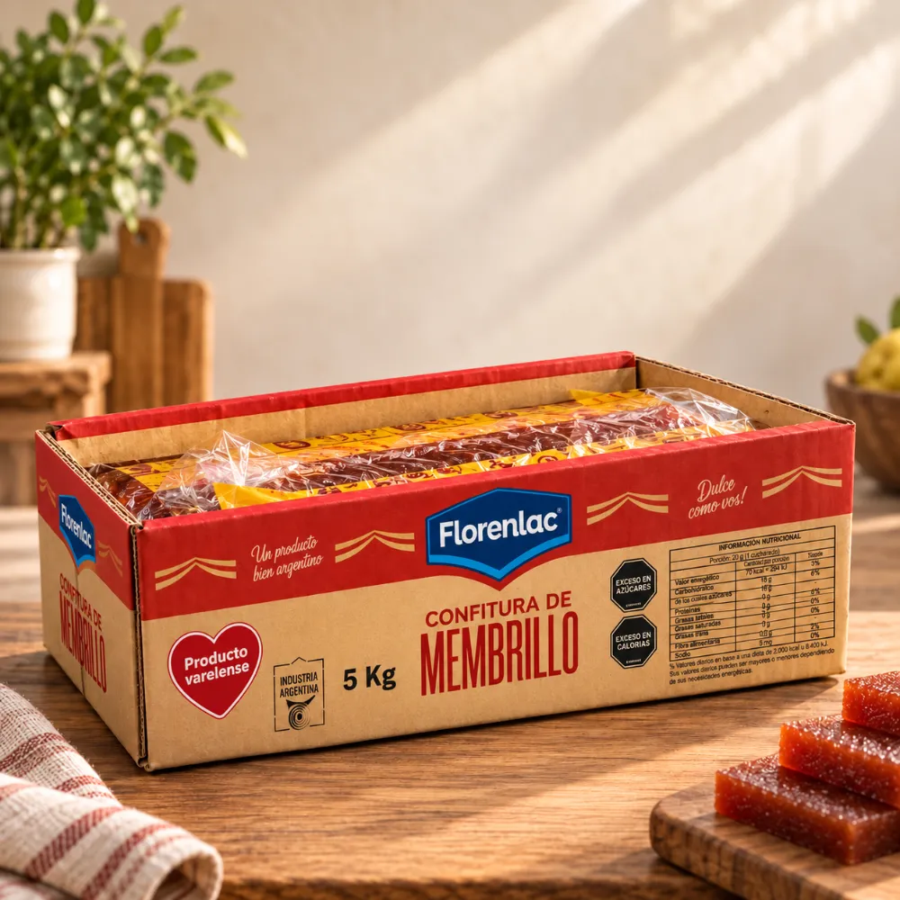 Caja de 5 kg de confitura de membrillo Florenlac con cubos de membrillo