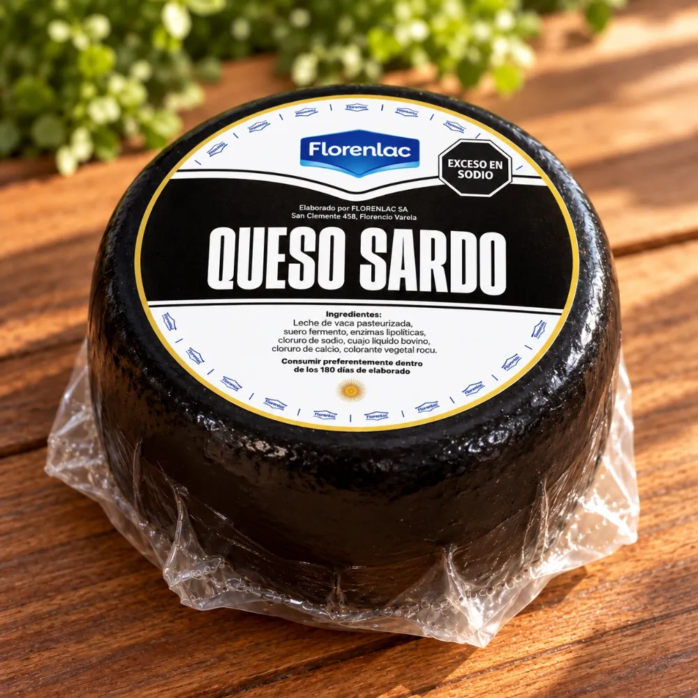 Queso sardo Florenlac con corteza negra y etiqueta