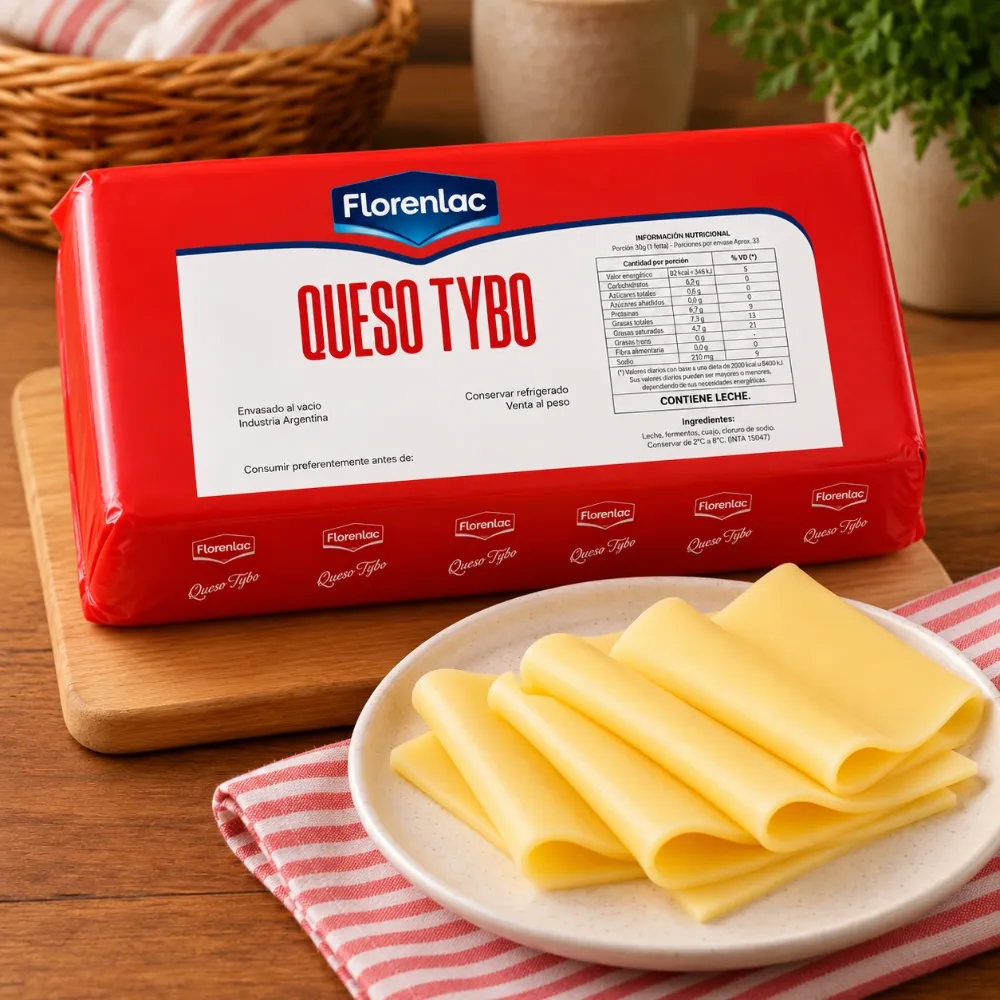 Barra de queso Tybo Florenlac junto a fetas cortadas